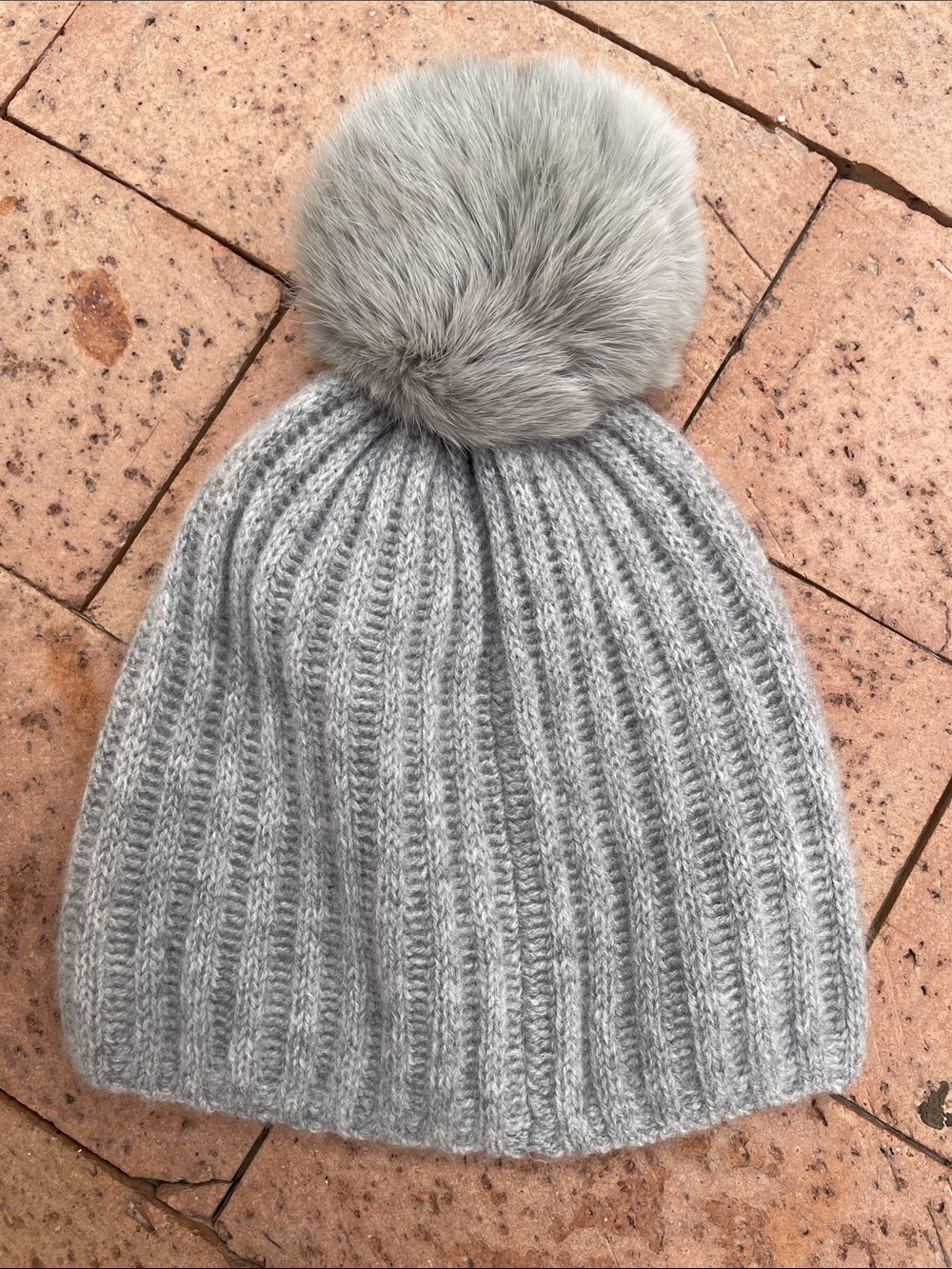 Restoration Hardware RH winter hat beanie pom pom cashmere fur quiet luxury gray